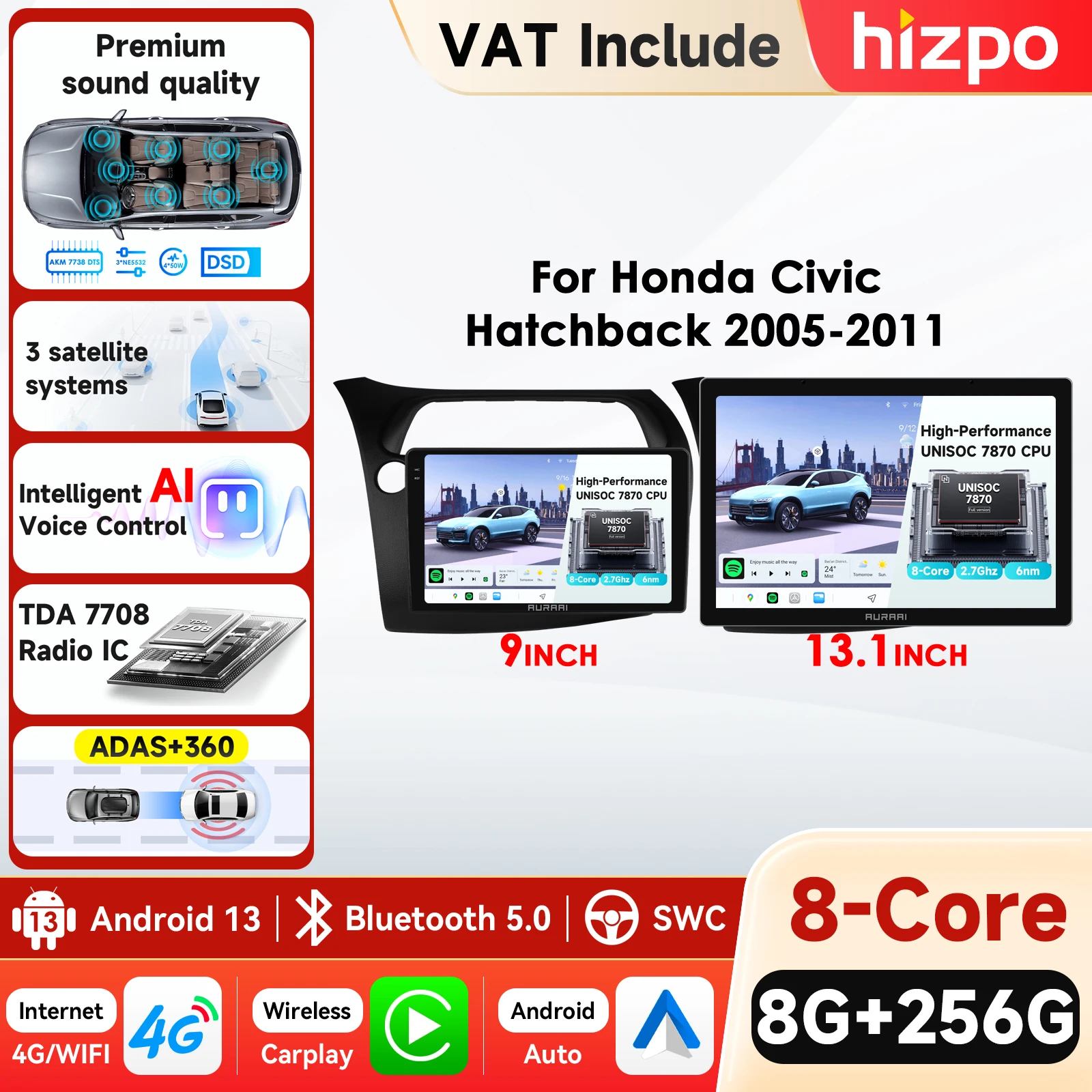 Hizpo 9'' Écran 2K CarPlay sans fil Android Auto pour Honda Civic Hatchback 2005 2006 2007 2008 2009 2010 2011 Lecteur de voiture BT GPS