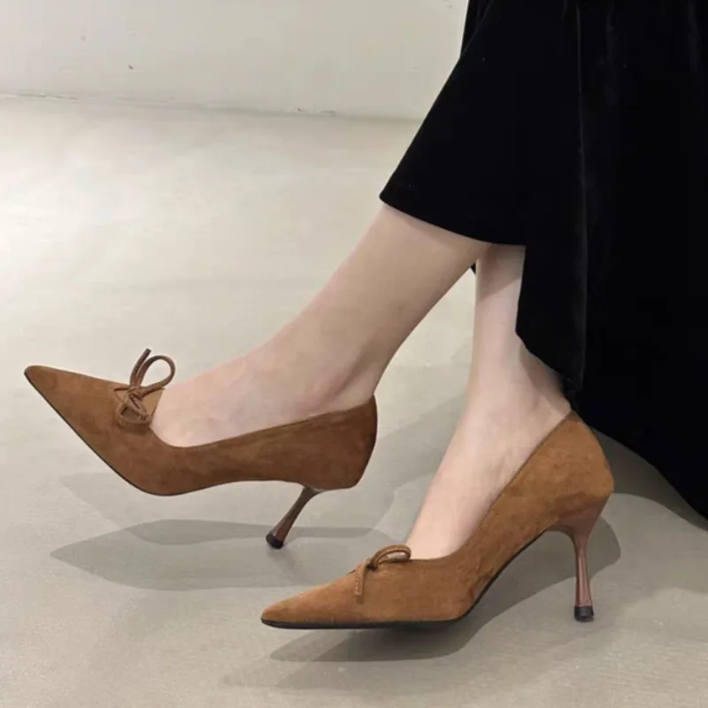 

Bow Temperament High Heels 2025 New Spring and Autumn Shallow Suede Stiletto Women's Singles