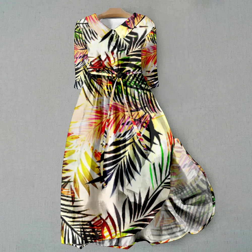 Sukienki New Printed Lapel Tie-dye Traf Pleated Loose Long Female Clothing Fresh Daily Summer Autumn Plus Size Vacation Outfits