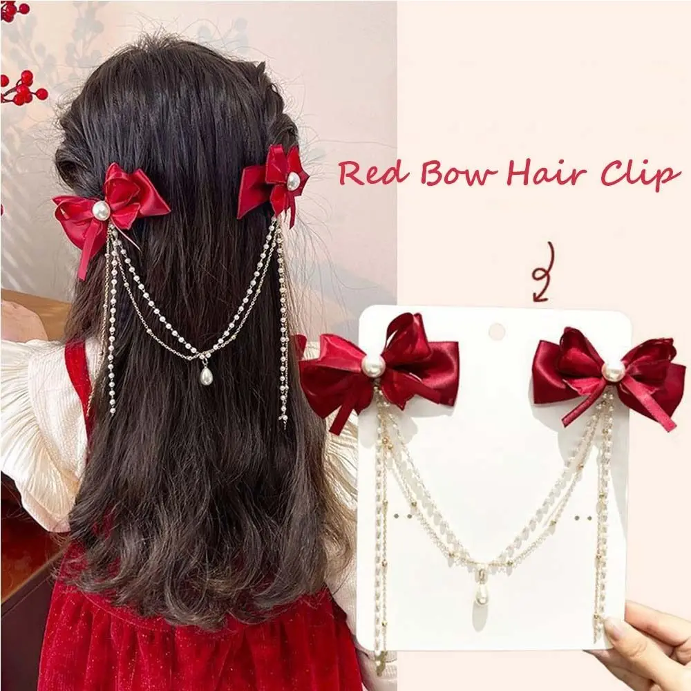 Pearl Chain Tassel Red Bow Hair Clip New Year Head Wear Plush Ball Hairpin Fringe Tang Suit Hair Clip Princess Forehead Chain