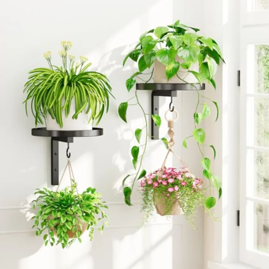 

Wall Plant Holder Set of 2 for Indoor Outdoor, Metal Hanger with 2 Hooks, Floating Flower Display Stand for Window, Space Savin