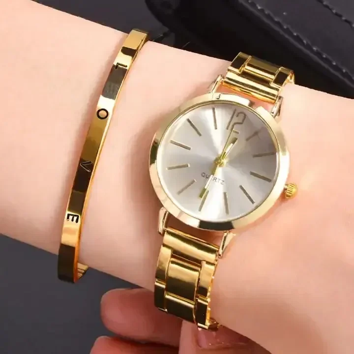 2pcs Set Watch Luxury Women Simple Dial Hollow Strap Fashion Gold Bracelet Quartz Wristwatch Student Ladies Watches Reloj Mujer