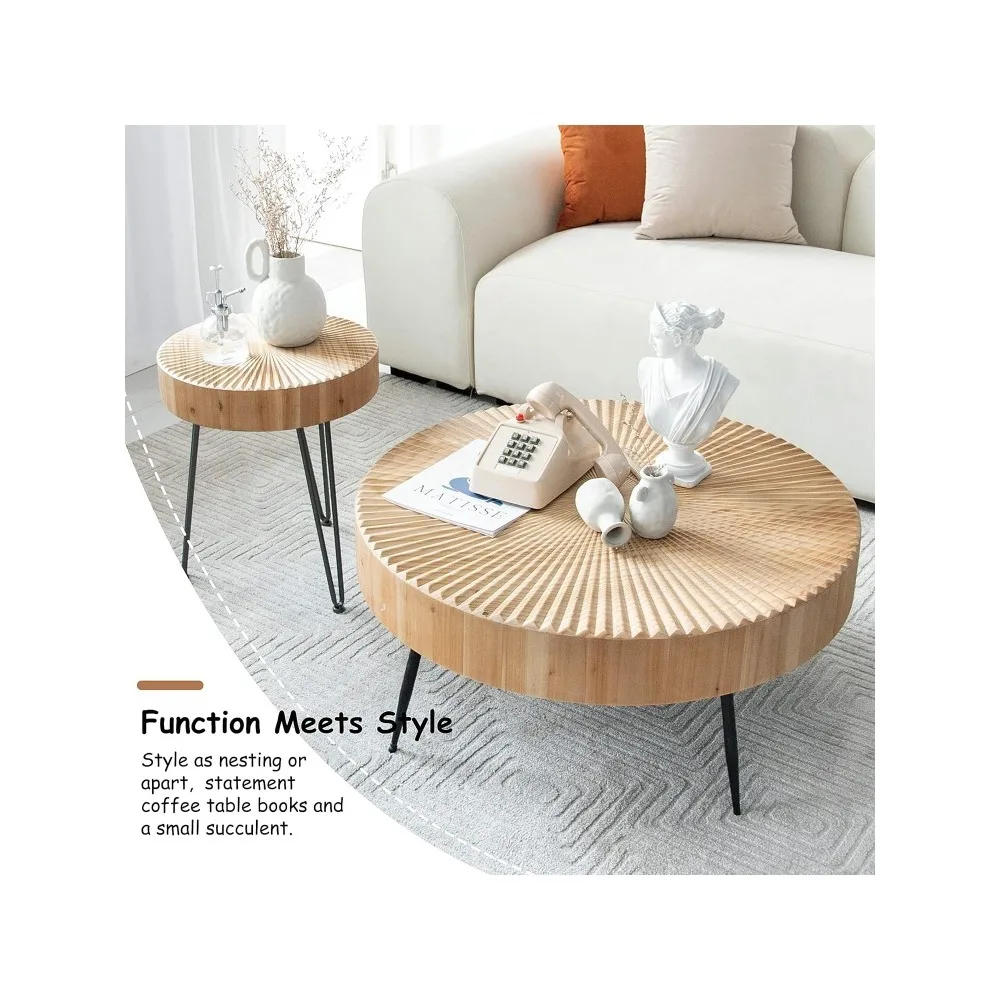 2-Piece Modern Farmhouse Living Room Coffee Table Set, Nesting Table Round Natural Finish with Handcrafted Wood Radial Pattern