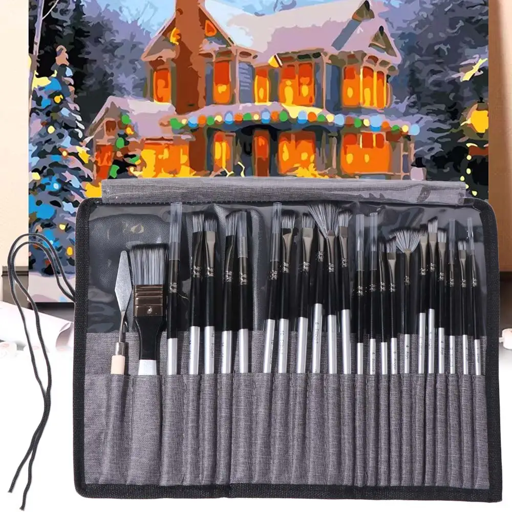 24pcs/set Wooden Handle Nylon Brush Set DIY Art Nylon Hair Paint Brush Set with Scraper Aluminum Tube Oil Painting Brushes