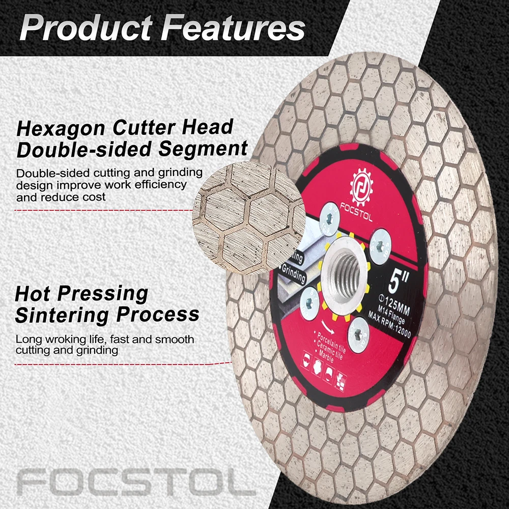 FOCSTOL Diamond Cutting Disc M14 Thread Tile Cutting Grinding for Porcelain Ceramic Tiles Marble Granite Artificial Stone Quartz