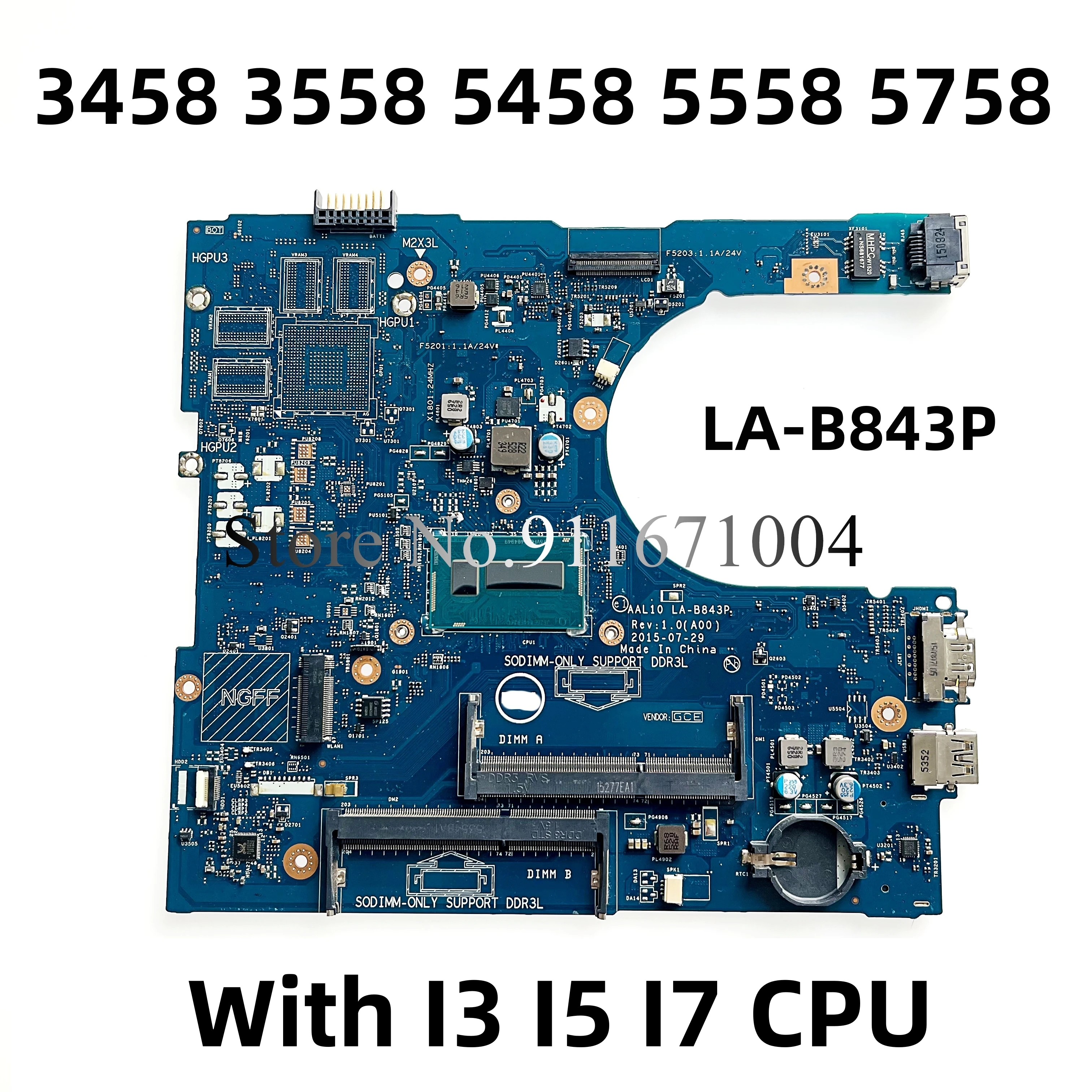 Dell Inspiron 3458, 3558, 5458, 5558, 5758, placa-mãe portátil, i3, i5, i7, cpu, ab10, la-843p, cn-0n9t5p, 0rc3pn