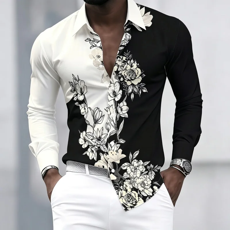 Men's shirt with contrasting floral print, long sleeved shirt, lapel cardigan, casual business men's top, comfortable fabric