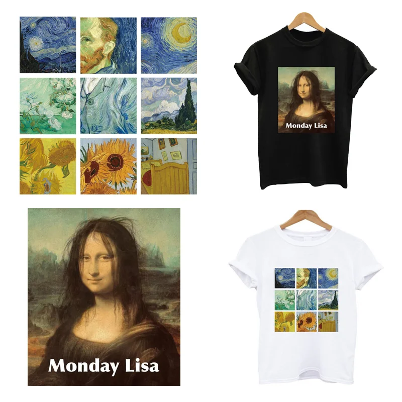 2 teile/los van gogh david mona lisa bügeln wärme wärme übertragung schmelz bare aufkleber bügeln auf thermo klebende flecken für kleidung diy