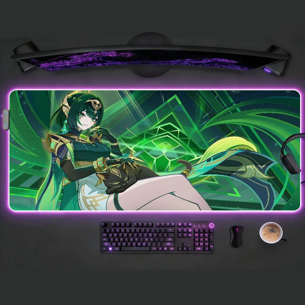 

RGB Gaming Mouse Pad, Large Desk Mat, Anti-slip, Stitched Edges, Green Anime Girl, Black Cat & Neon Style, PC Keyboard Pad