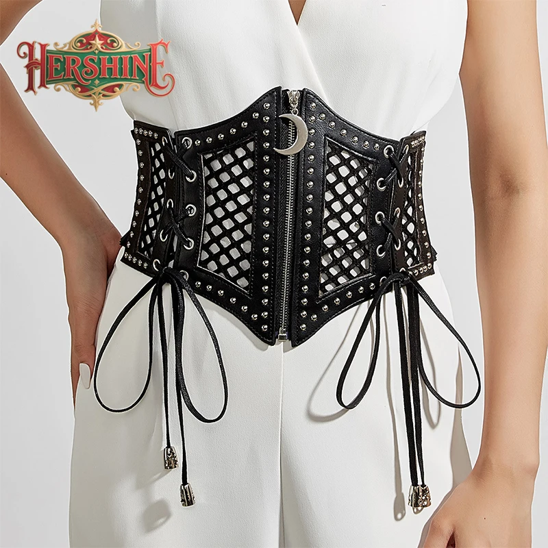 HERSHINE Women's Black Fashion Hollow-Out Studded Zipper Elastic Wide Waist Belt, Y2K Harajuku Gothic Punk Style，spring，summer