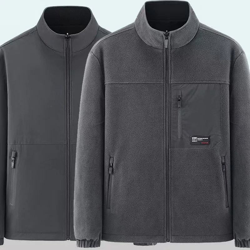 على الوجهين ملابس خارجية رجالي الصيد السترات الخريف الشتاء الصوف سترة دافئة الوقوف طوق رجالي سترة واقية في الهواء الطلق سترة #1