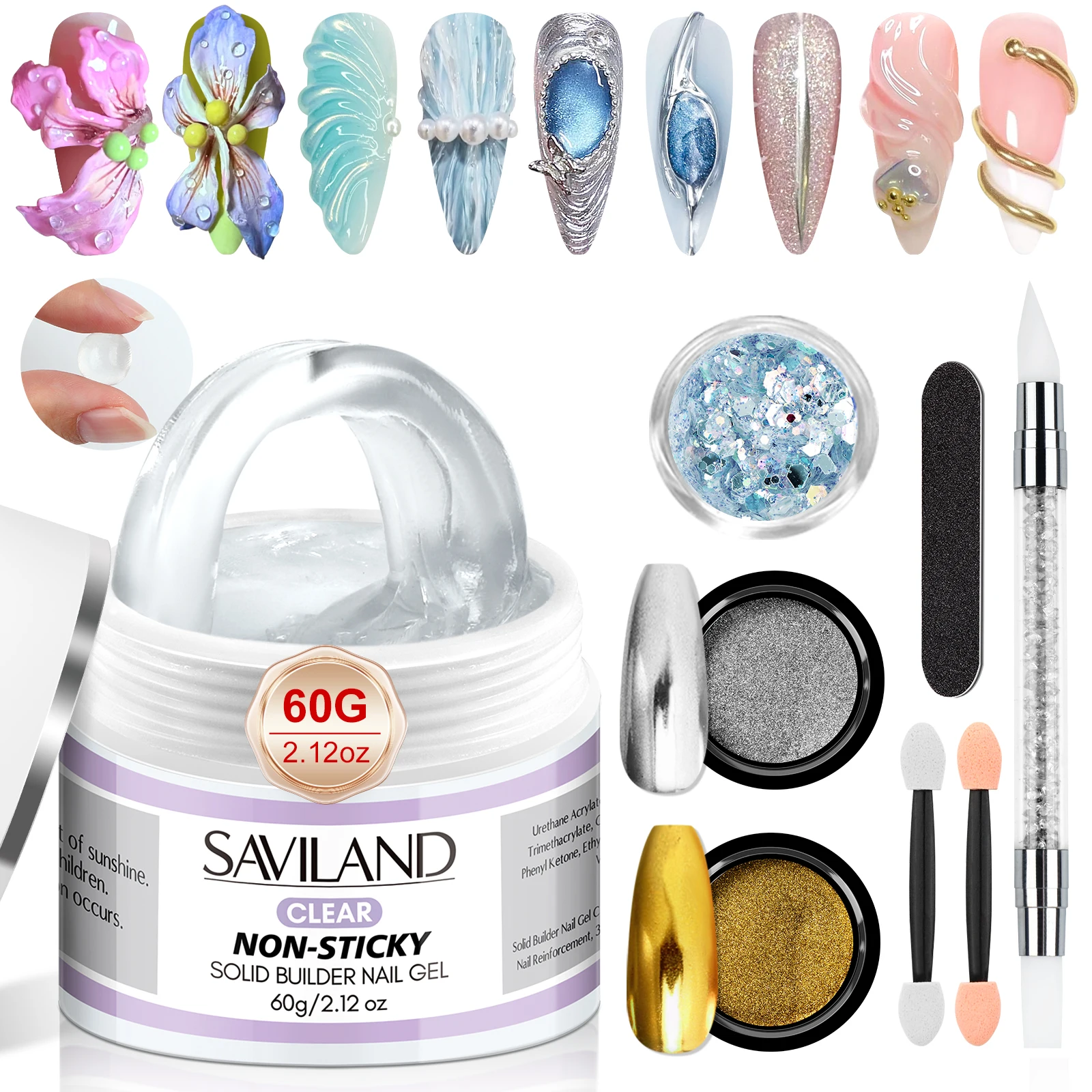 

SAVILAND 60g Solid Builder Nail Gel Large Capacity 3D Sculpting Nail Gels for Nail Art with Sequins Chrome Powder DIY Salon