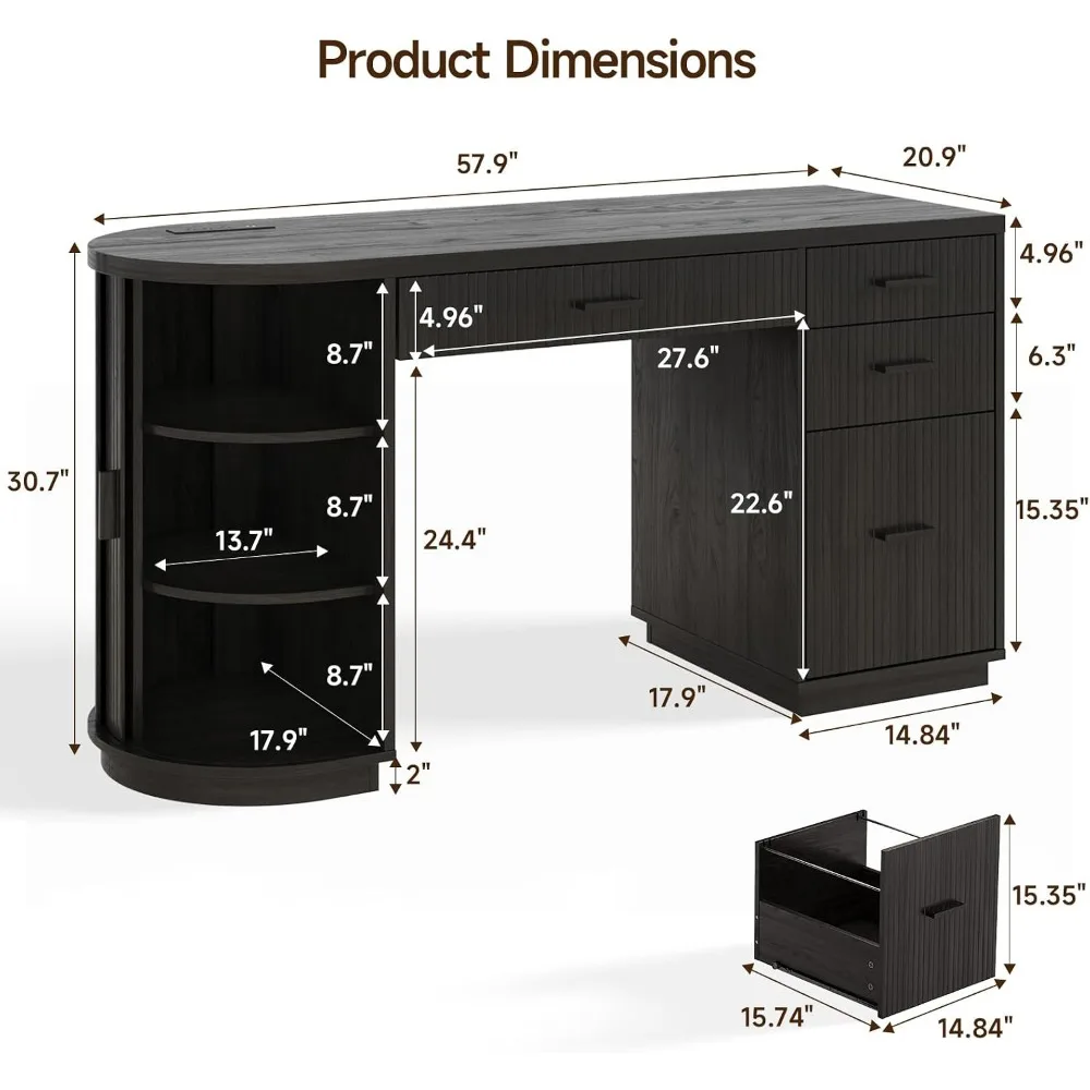 ONBRILL 58 Inch Fluted Executive Desk, Computer Desk with Storage Drawers & File Drawer, Modern Home Office Desk with Charging Station for Working, Studying, Writing, Black