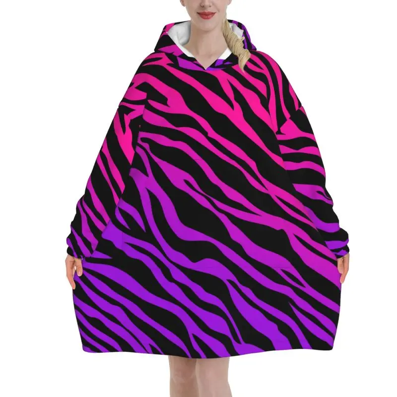 

Zebra Stripe Print Wearable Blanket Hoodie Women Oversized Pullover Sweatshirt Flannel Fleece Sherpa Hooded Blanket with Pockets