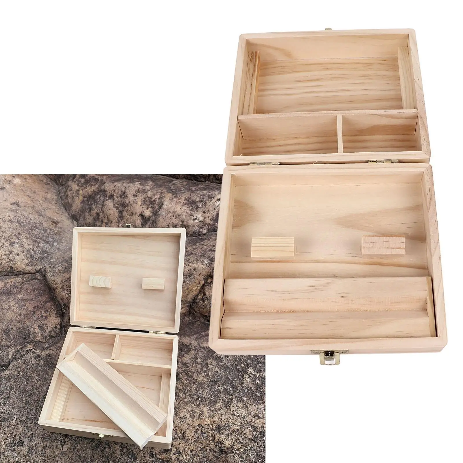 Wooden Stash Box with Rolling Tray - 4 Compartment Storage for Cigarettes, for herbs & Jewelry - Eco-Friendly Smoking