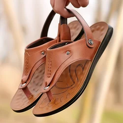 Men's Brown Flip Flops Summer Leather British Wind and Sandals Slippers Feet Non-slip Thick Bottom Flat Heel Beach Shoe Slippers