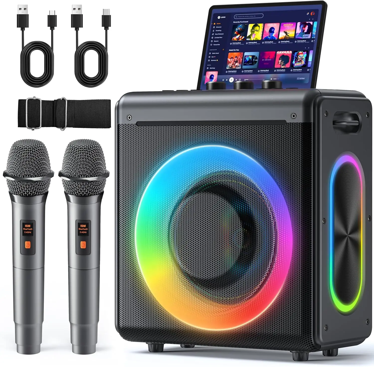 

Portable Karaoke Machine with 2 Wireless Mics, Bluetooth 5.3, LED Lights, TWS, 20H Battery, Home Party Speaker