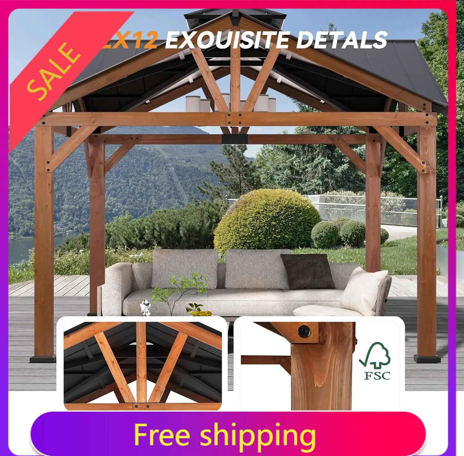 Modern Shade Cedar Wood Gazebo 12’ x 12’, Heavy Duty Hardtop Gazebo with Steel Roof, Water Resistant, Wind Resistant, Solid Wood