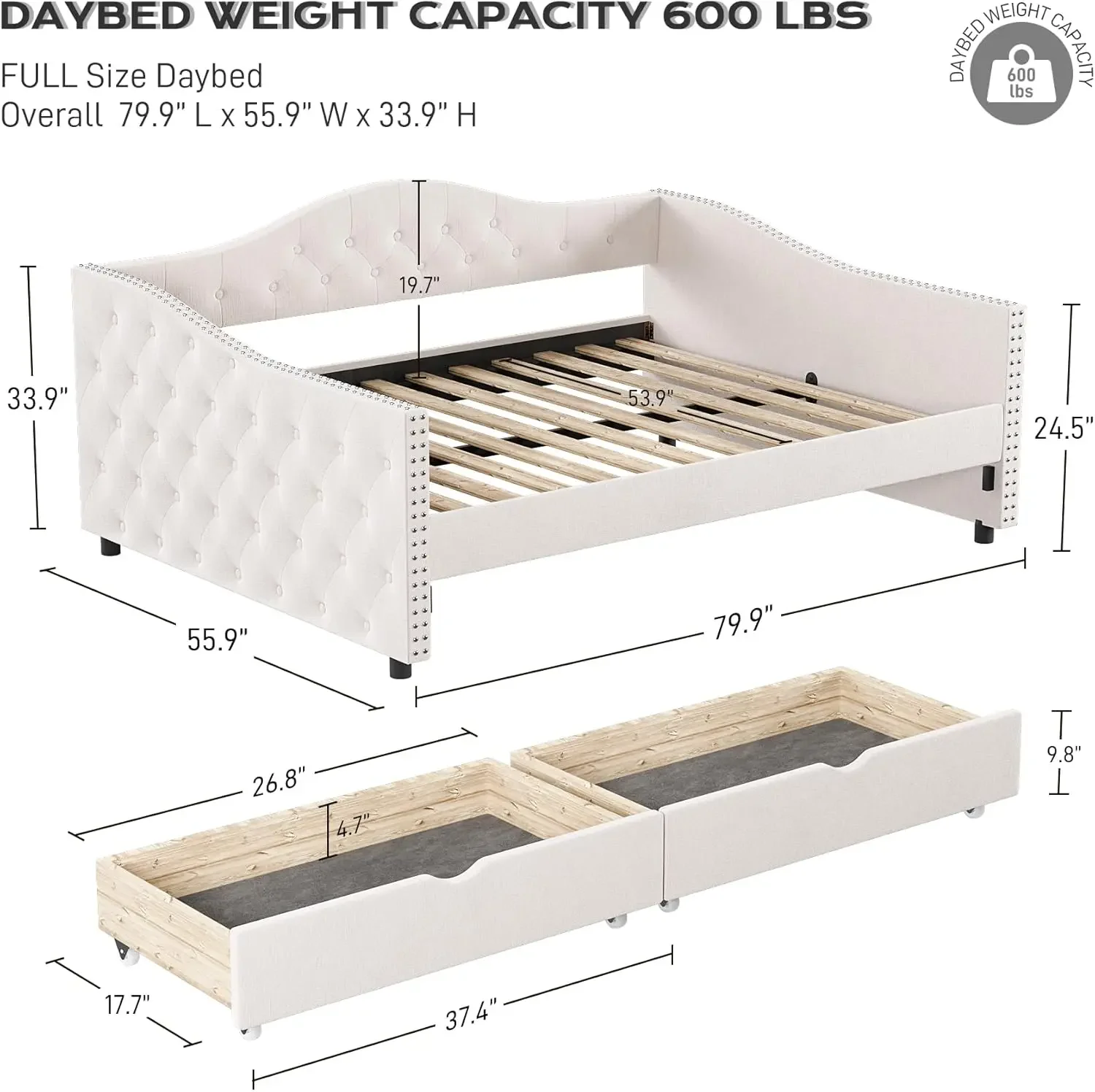 Upholstered Full Size Day Bed Frame in Linen Fabric and Full Wood Slats, No Box Spring Needed, Beige