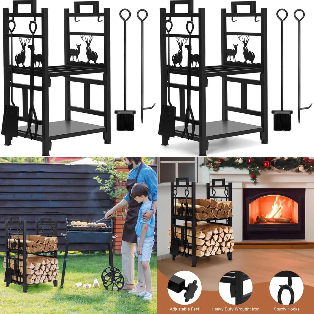 

Двухъярусный держатель железной дров с инструментами для камина — использование в помещении и на открытом воздухе: кисть, лопата, щипцы, крючок