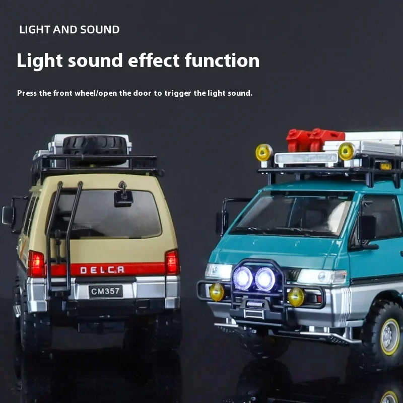 1:24 Mitsubishi Delica Off Road Four Wheel Drive MPV Diecast Alloy Metal Car Model Sound & Light Classic Simulation Collectibles