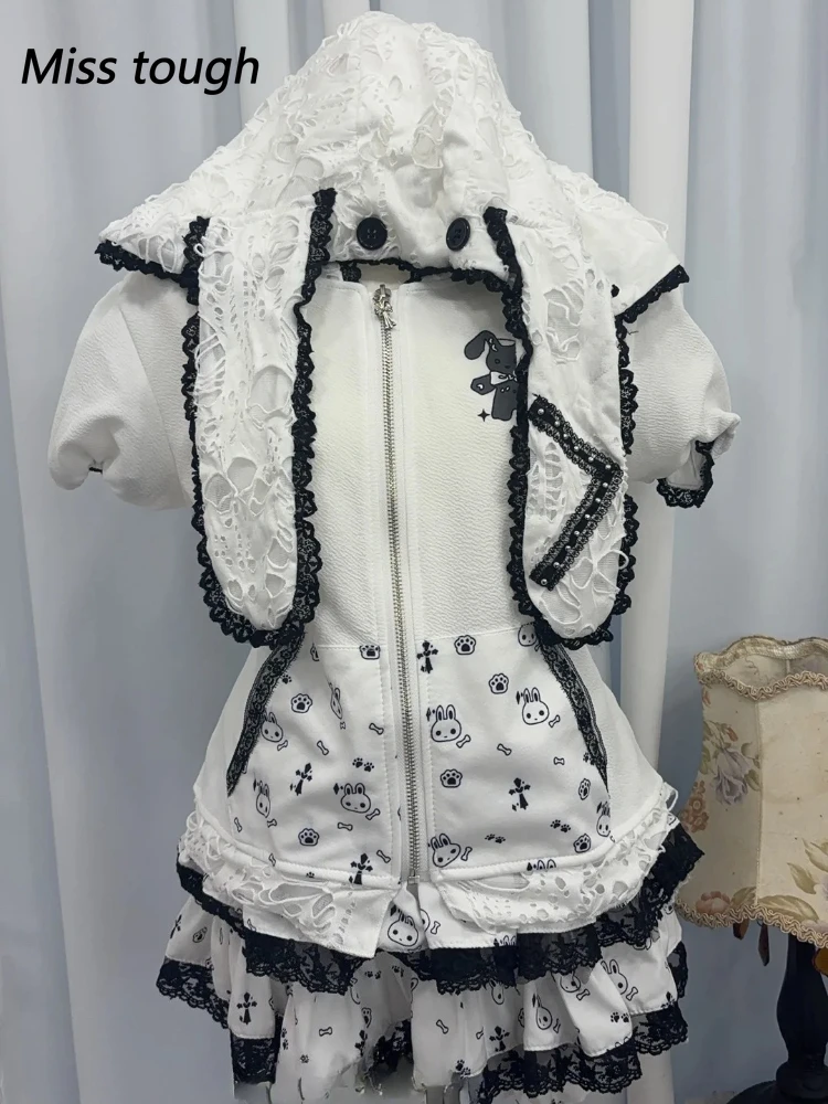 Japanese Kawaii Solid 2-piece Set Women Design Sweet Long Sleeve Cute Hooded Coat Female + High Waist Cake Skirt Suit Winter New
