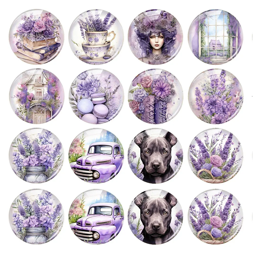 Random Mixed Round/Oval/Square Lavender Purple Style Retro Dog Photo Glass Cabochon Flatback Demo Cameo For Diy Jewelry Making