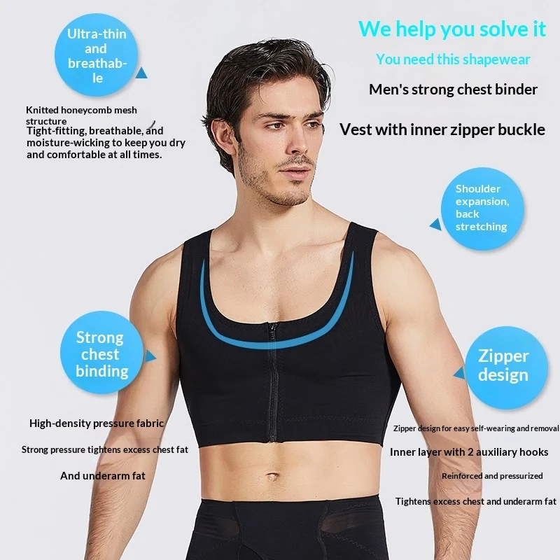 Men's Zipper Front Compression Vest Tummy Control Body Shaper for Chest Reduction Back Support Slimming Slimmer Shapewear