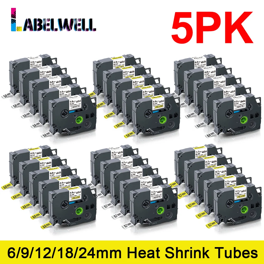 Labelwell 5pcs Hse-231 Heat Shrink Tubes for Brother HSe-211 hse-221 241 251 hse-631 611 621 641 651 for Brother P-Touch Printer