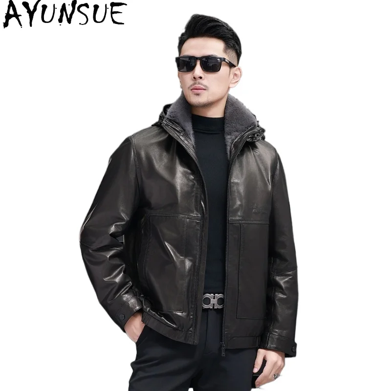 AYUNSUE Real Goatskin Genuine Leather Jacket Man Winter Detachable Rex Rabbit Fur Liner Coat Hooded Warm Fur Coats Mink Collar