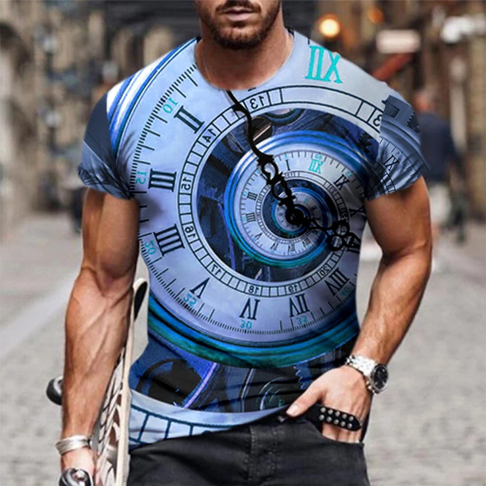 2024 Men\'s Vintage Clock Print T-Shirt Men\'s Street Casual Wear Men\'s Summer Fashion Top Men\'s Sports Sweat Wicks Short Sleeve