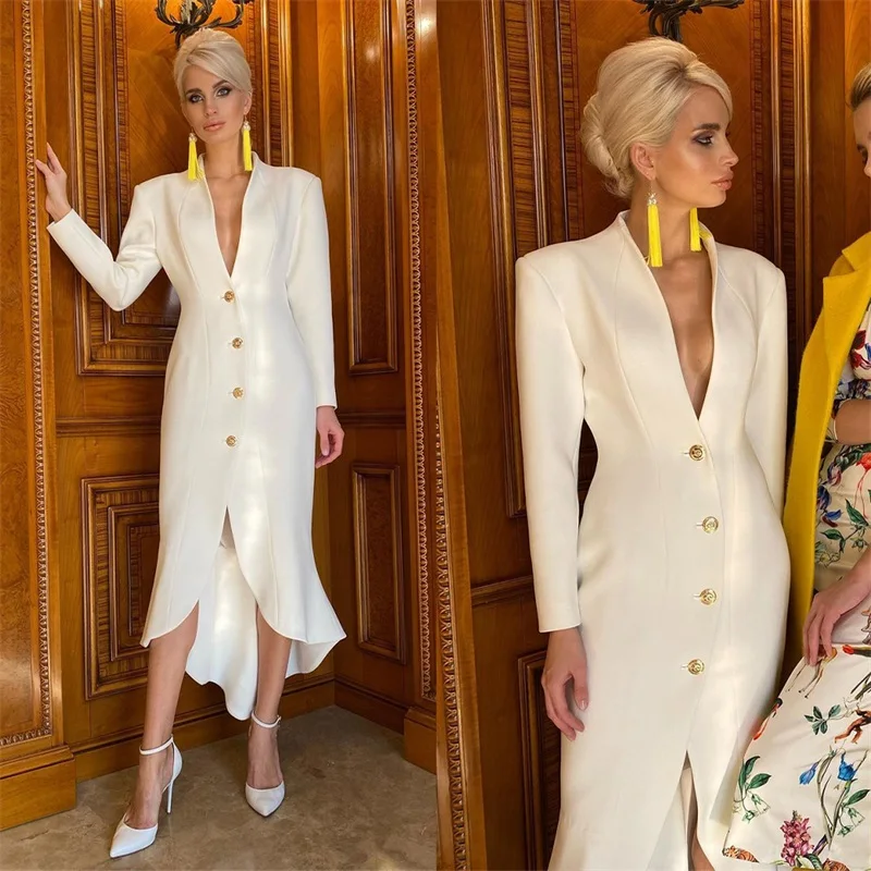 Abiti da donna in raso di design Blazer orlo irregolare smoking da sposa con scollo a V abito lungo da ballo abito formale per occasioni speciali su misura