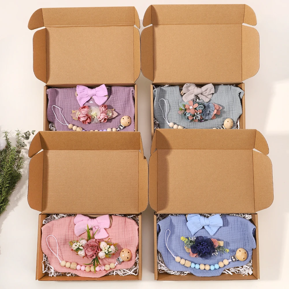 4Pcs/Set Flower Print Baby Bib Headband Elastic Nylon Hair Band Food Grade Silicone Beads Pacifier Clip Chain Christmas Gift Box