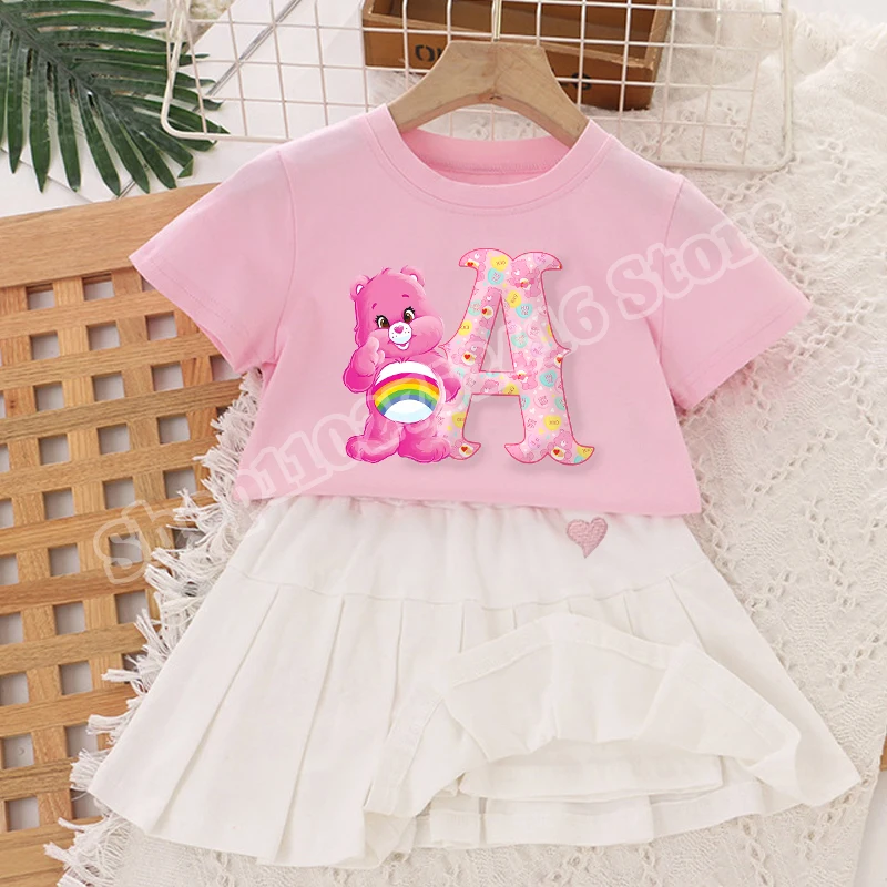 

Carebears Child Pleated Skirt Sets Girls Cartoon Letter A-Z Print T-shirt Skirt Two-piece Suit Summer Casual Princess Dress Gift