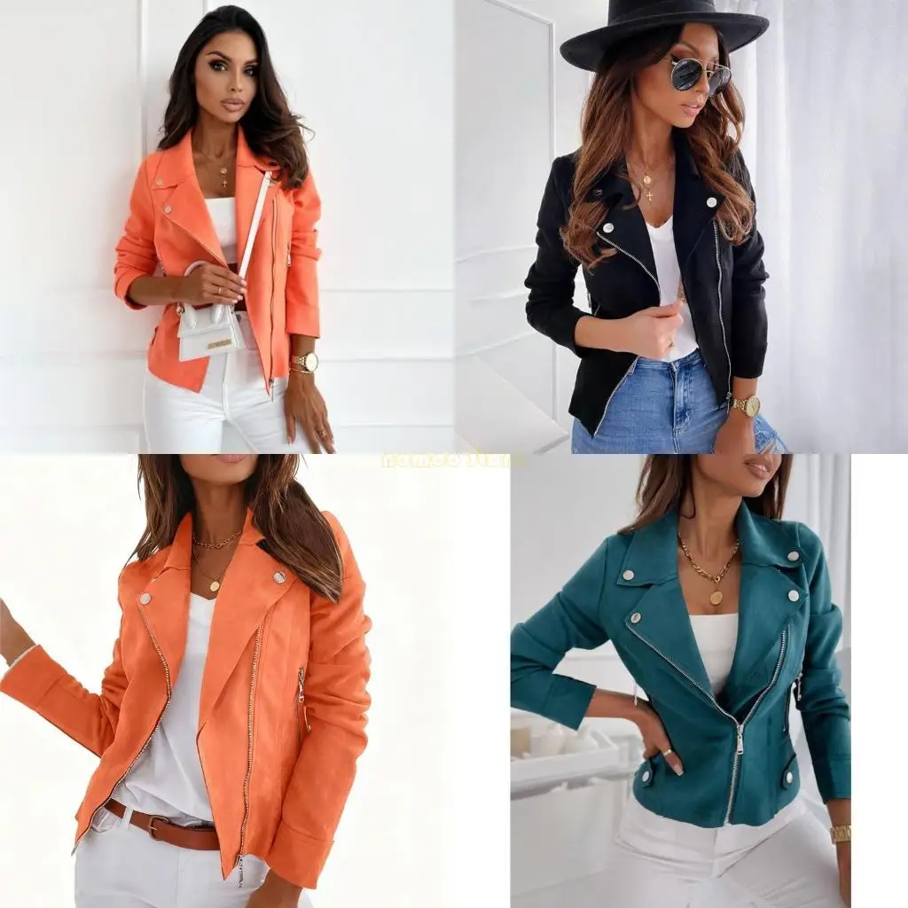 

31BF Women's faux suede trendy short motorcycle Coat with zipper