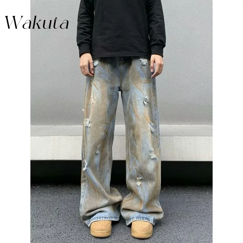 WAKUTA French Vintage Do Old Pockets Fake Zippers Jeans Fashion Unisex Loose Drapey Draggy Pants Street Style Wide Leg Y2K Pants