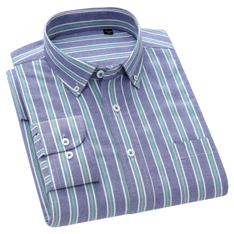 100% Cotton Oxford Men's Shirts Long Sleeves Plaid Soft Regular Fit Formal Dress Shirt Pocket Social Blouse Male Clothes S-5XL