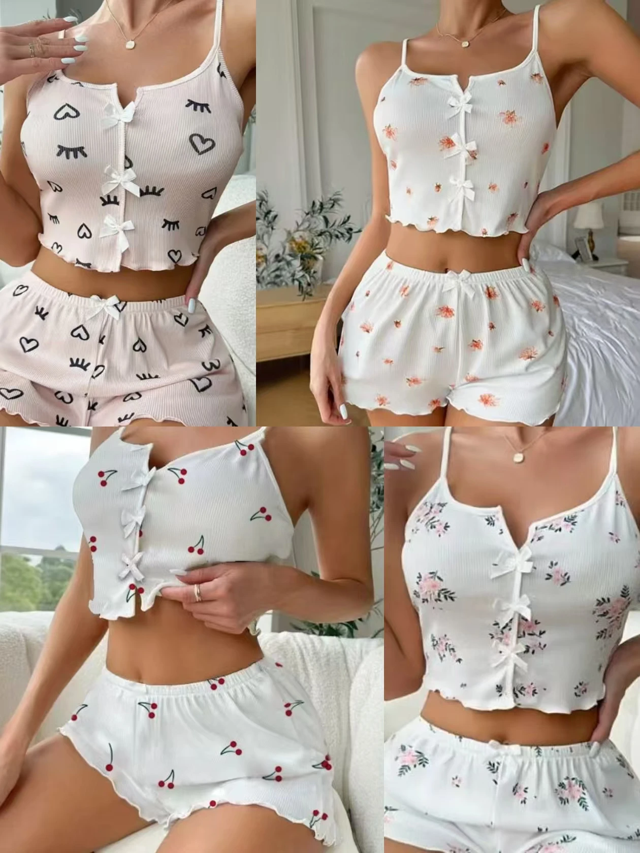 

Комплект одежды с принтом сердца 2024, женская ночная рубашка с V-образным вырезом на бретельках, брюки, женские нижнее белье из трансграничного полиэстера, летние...