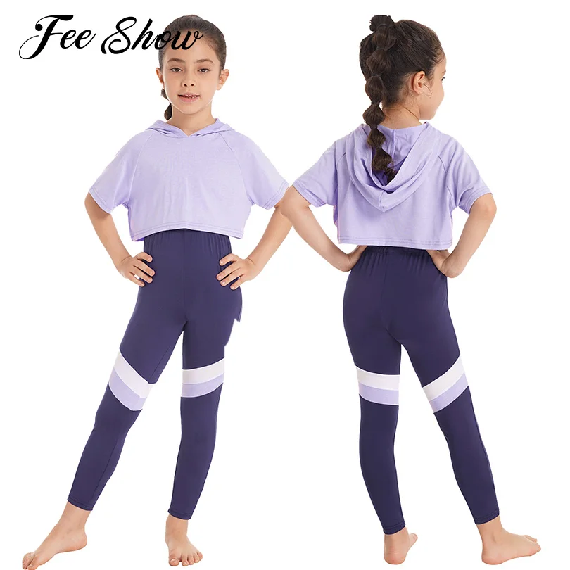 Kids Girls Sport Suit Hooded Hoodie Running Outfits Gym Workout Short Sleeves Crop Tops Sweatshirt Fitness Pants Set Sportswear