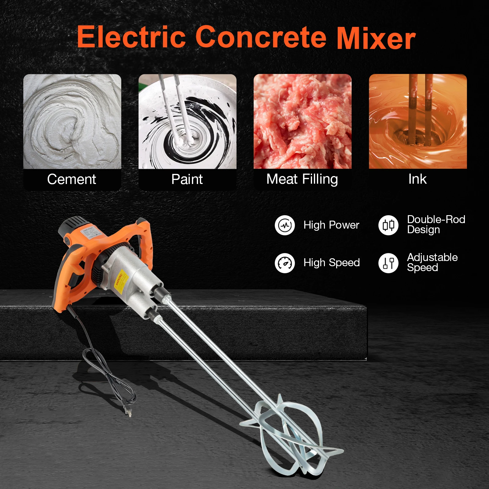 

Double-rod Mixer 1800W 110V 820 RPM Electric Concrete Mixer Adjustable Speed