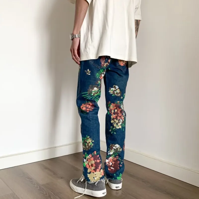 2023 Kanye Y2K Fashion Flowers Print Slim Hip Hop Jeans Pants For Men Clothing Skateboard Streetwear New Rock Denim Trousers