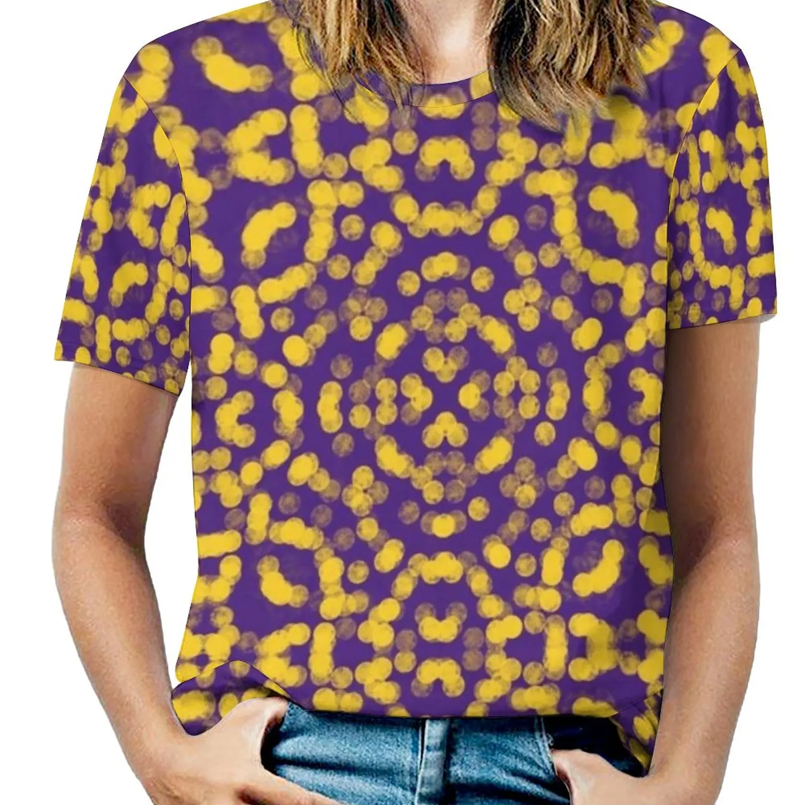 Artsy Purple And Gold Yellow Game Day Pattern New Fashion Zip Off Shoulder Top Short-Sleeve Women Shirt Purple Yellow Gold Lsu