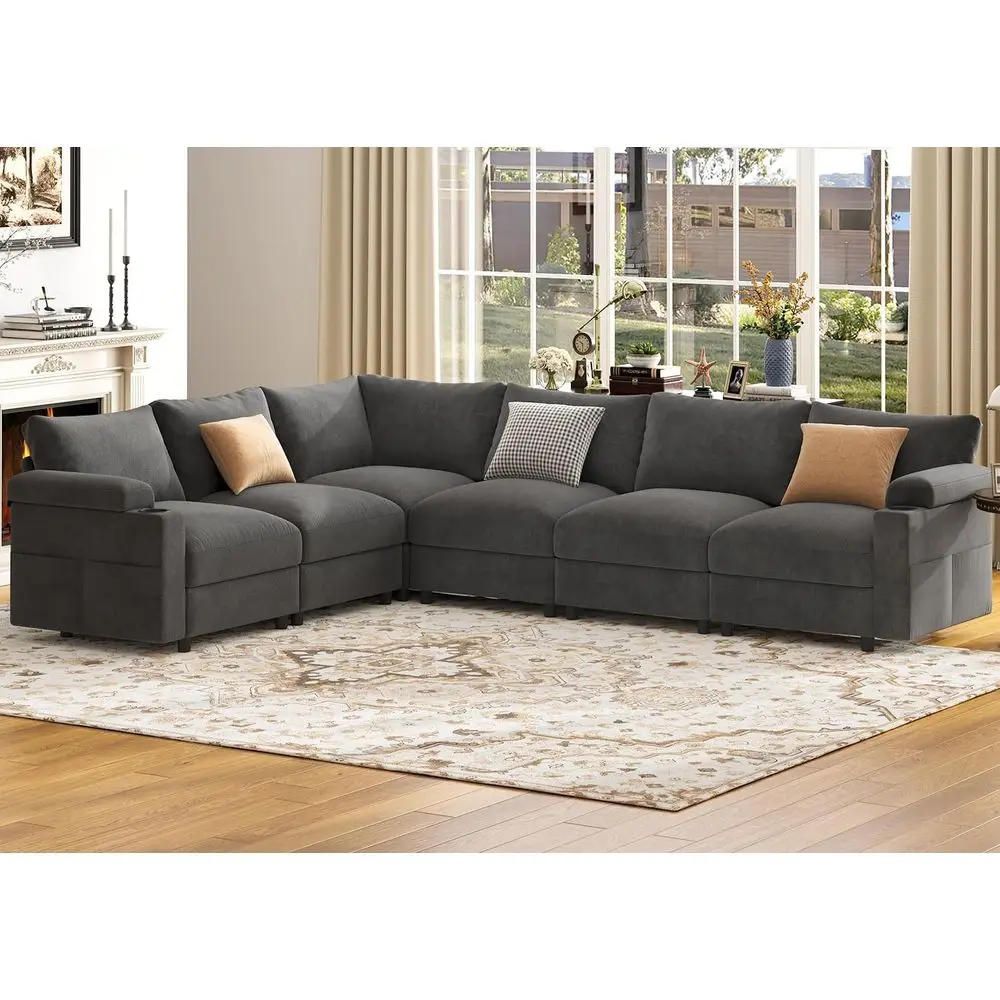 

Velvet Grey V-Shaped 6-Seat Sectional Couch with Oversized Cloud-Shaped Sleeper Sofa and Detachable Chaise