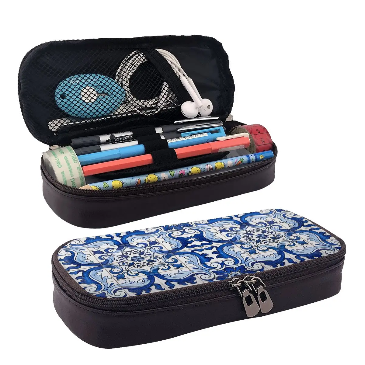 Antique Lisbon Blue Azulejo Tile Floral Pattern Leather Pencil Case for Boys Girls School Pen Box Pencil Bag Stationery Supplies
