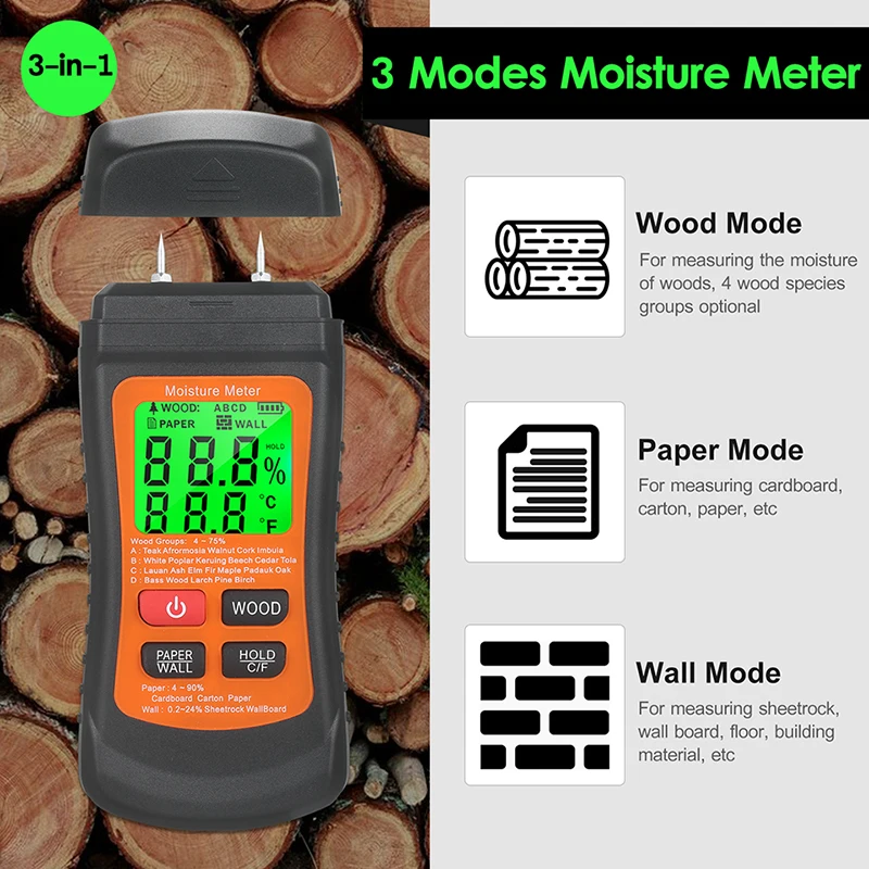 MT-02 Digital Wood Moisture MeterTwo Pins Digital Paper Humidity Tester Wall Hygrometer Non-contact Backlit Timber Damp Detector