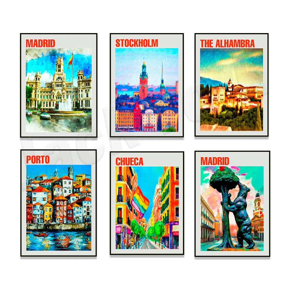 London, Copenhagen, Granada, Malta, Madrid Lavapies, Gran Via, Florence, Porto, Camden Town UK, Toledo, Stockholm travel poster