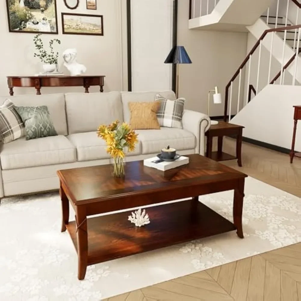 Solid Wood Coffee Table with Storage Shelf, Mid-Century Living Room Table with Wood Carved Tabletop and Leg