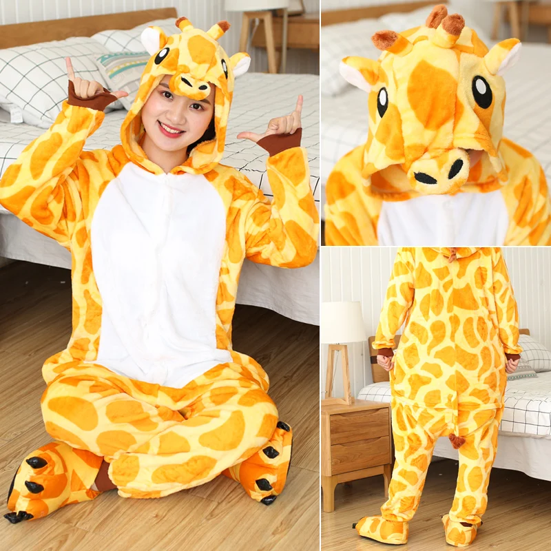 Adult Animal Cartoon Pajamas Women Sleepwear Unisex All in One Pyjamas Animal Suits Cosplay Giraffe Garment Pijama Winter Onesie