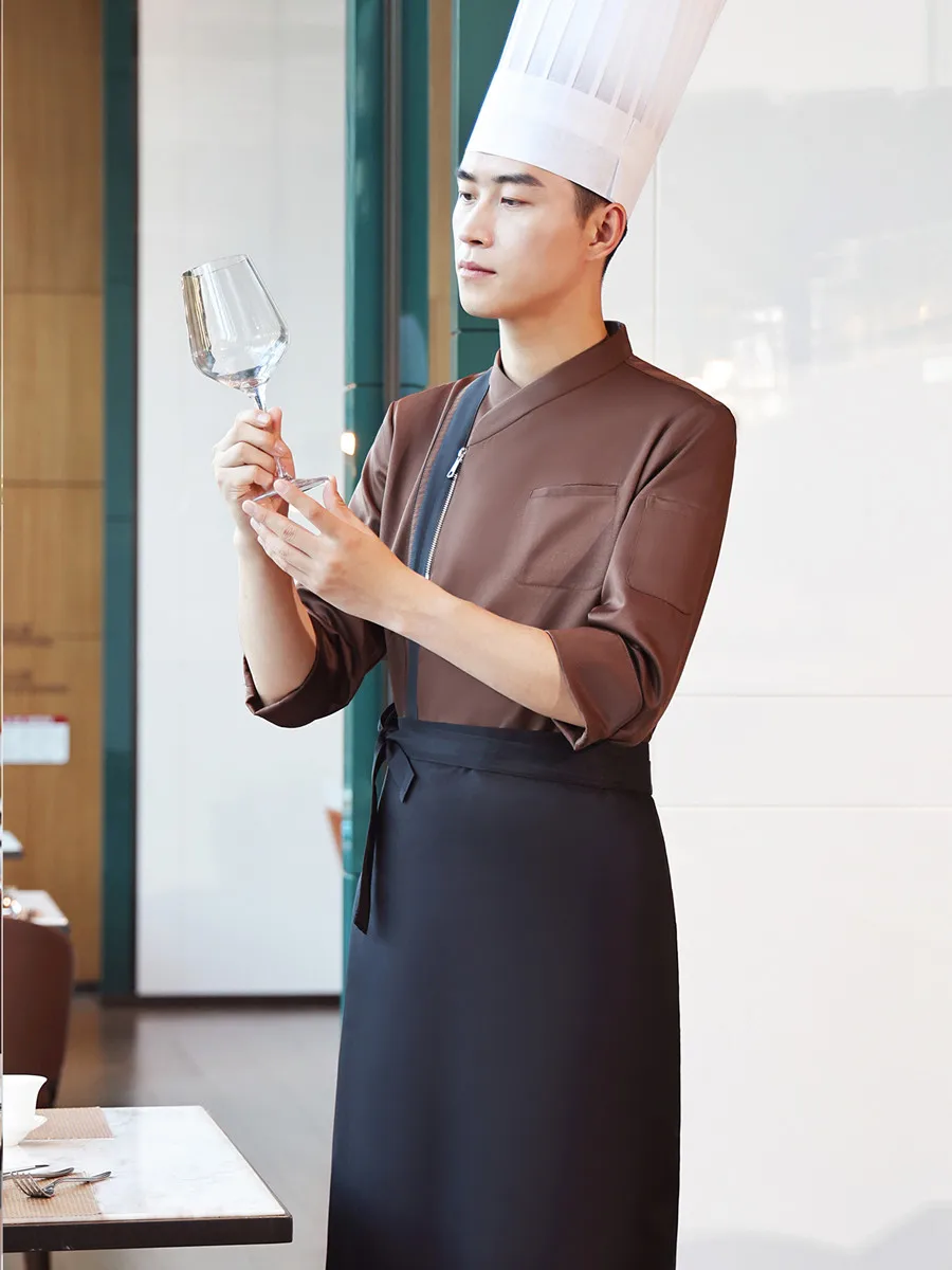 갈색 반팔 요리사 유니폼 호텔 레스토랑 웨이터 탑 고품질 주방 요리복 작업복