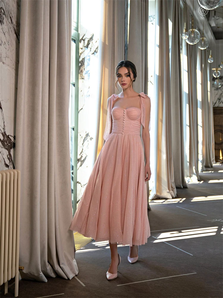 Vestido de graduación elegante con tirantes finos, sin mangas, cremallera trasera, hasta el tobillo, vestidos de tul para mujer, fiesta de noche con botón